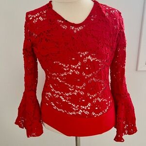 Dance Costume -  Adult MED - Red, lace leotard with long bell sleeves